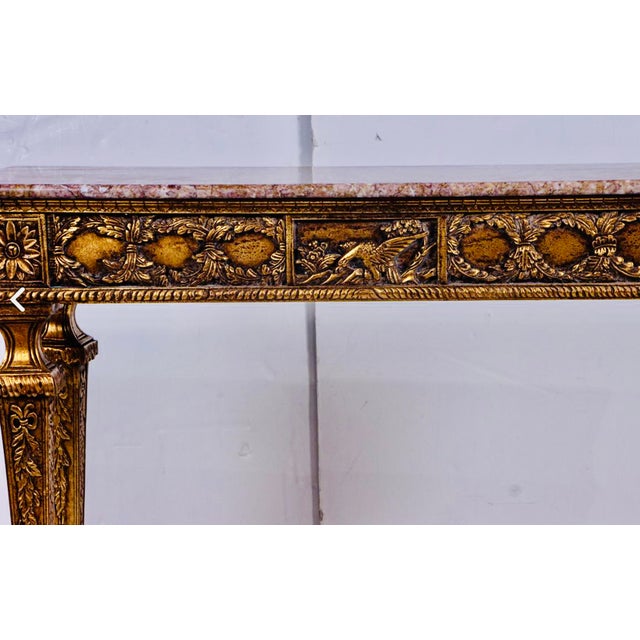 1960s Elegant Louis XVI Style Giltwood Marble-Top Console / Sofa Table With Hand-Carved Foliate Detail For Sale - Image 4 of 5