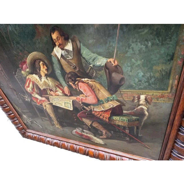 Striking large-scale European-style oil painting on canvas depicting three gentlemen in 17th-century attire gathered...