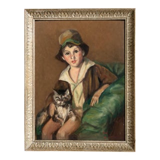 Mid Century Modern Portrait of Boy With Cat, Signed & Dated 1966 For Sale