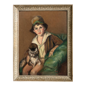Mid Century Modern Portrait of Boy With Cat, Signed & Dated 1966