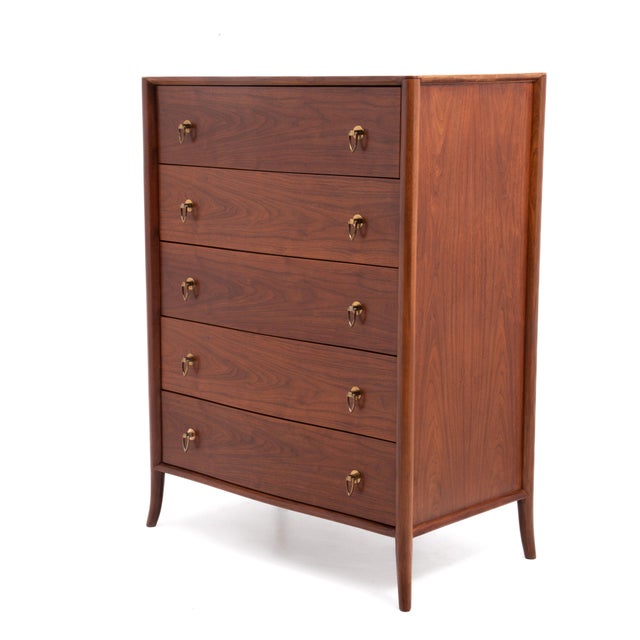1950s T.H. Robsjohn Gibbings Widdicomb Walnut Five Drawer Chest Klismos Leg Book Matched For Sale - Image 5 of 13
