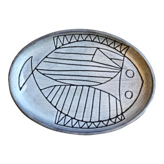 Jacques Pouchain Atelier Dieulefit Stoneware Platter With Incised Fish Motif Circa 1960 For Sale