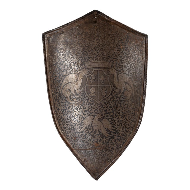 19th Century Renaissance Medieval Revival Etched Steel Heater Shield For Sale