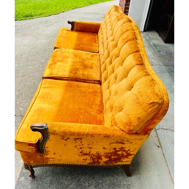 Mid-Century Modern Vintage Mid-Century Tangerine Velvet Tufted Sofa and Chair - 1970s Glam For Sale - Image 3 of 12