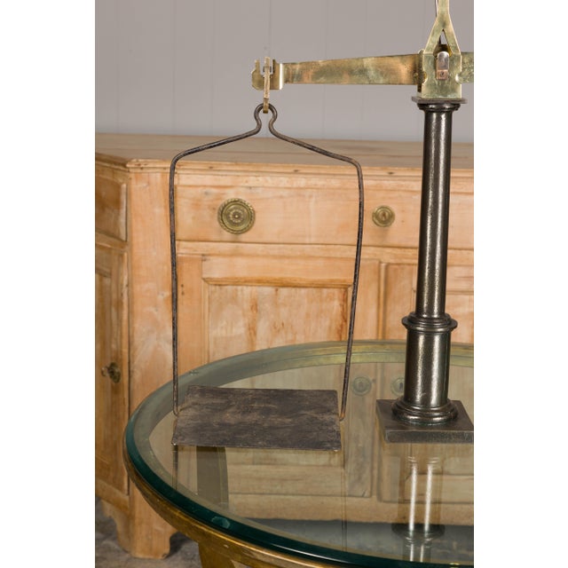 Large French 19th Century Brass and Steel Scale with Weighing Pans and Column For Sale - Image 12 of 12
