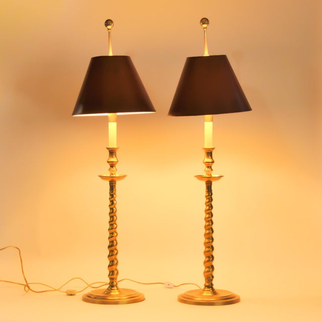 Amazing PAIR of brass twist lamps by Frederick Cooper. Tall candlestick style solid brass lamps with original burnt red...
