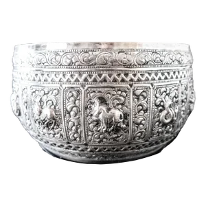 1860 Thai Silver Offering Bowl Repousse Zodiac