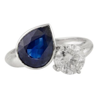 18k Certified 2 Carat Sapphire Pear Cut Toi Et Moi Gold Diamond Ring Size 6.5 For Sale