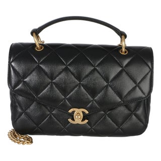 Black Quilted Lambskin Top Handle Envelope Flap Bag For Sale