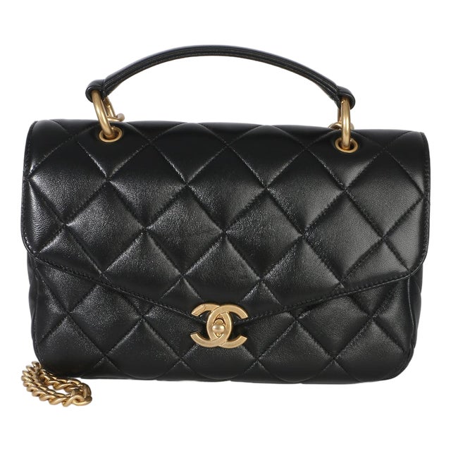 Black Quilted Lambskin Top Handle Envelope Flap Bag For Sale