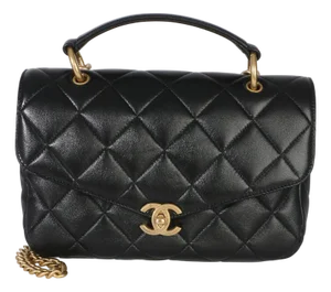 Black Quilted Lambskin Top Handle Envelope Flap Bag