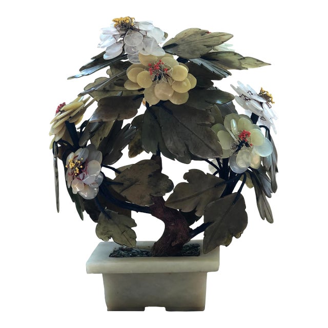 1960s Chinese Jade & Semi-Precious Stone Bonsai in Bloom Table Sculpture For Sale