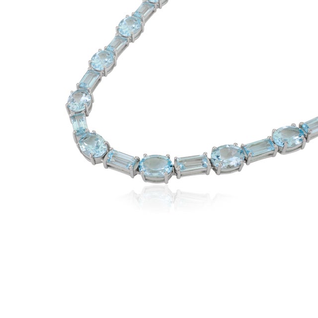 Timeless 16 Inches Wedding Necklace With Oval and Baguette Cut Blue Topaz For Sale - Image 4 of 10