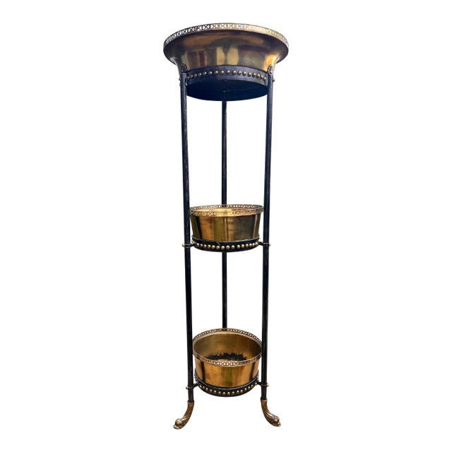 Vintage Theodore Alexander Regency Stacked Brass Jardiniere Plant Stand With Brass Koi Dolphin Feet For Sale