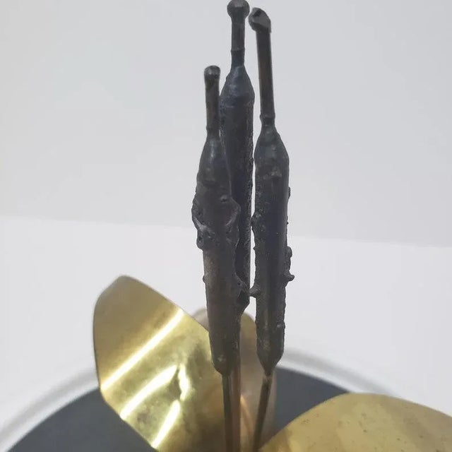 MidCentury Modern Brass Metal on Marble Base Cattails Sculpture by
