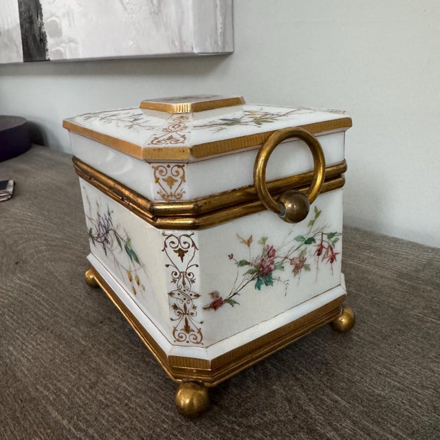 Vintage or Antique Possibly 19th Century White Opaline Glass Jewelry Casket Box Hand Painted Floral Decor & Gilt Bronze 6.25"x4.75"x5.25"h For Sale - Image 10 of 18