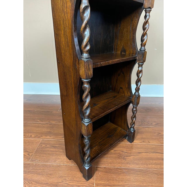 Petite Antique English Bookcase Bookshelf Barley Twist Tiger Oak Display C1920 For Sale - Image 9 of 18