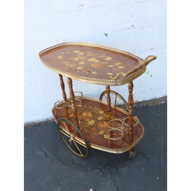 Wood Italian Inlay Bar Server Tea Coffee Cart 6582 For Sale - Image 7 of 14