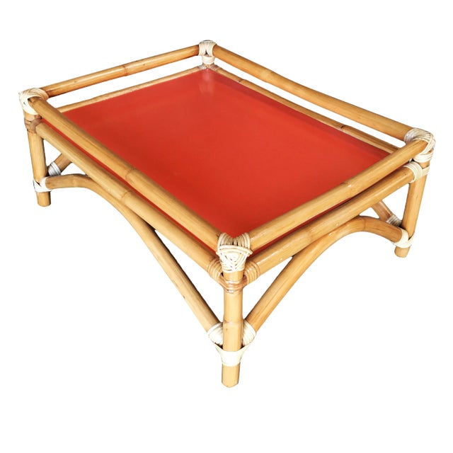 Restored Vintage Arched Rattan Ottoman Stool With Fenced Top For Sale