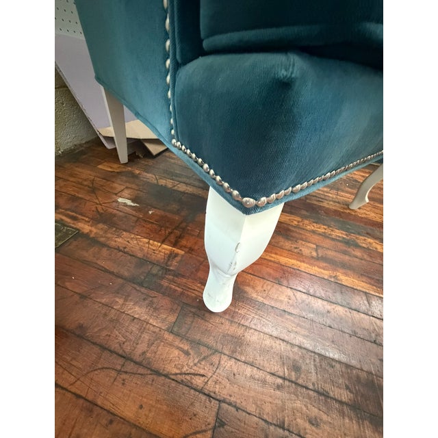 Blue Velvet Wingback Armchair – Tufted High‑Back Accent Chair With Nailhead Trim For Sale - Image 4 of 7