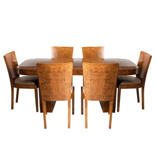 Art Deco British Burr Walnut Dining Table & Chairs, 1930s For Sale