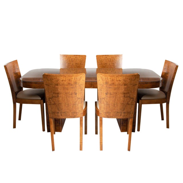 Art Deco British Burr Walnut Dining Table & Chairs, 1930s For Sale
