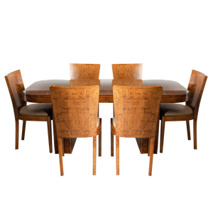 Art Deco British Burr Walnut Dining Table & Chairs, 1930s