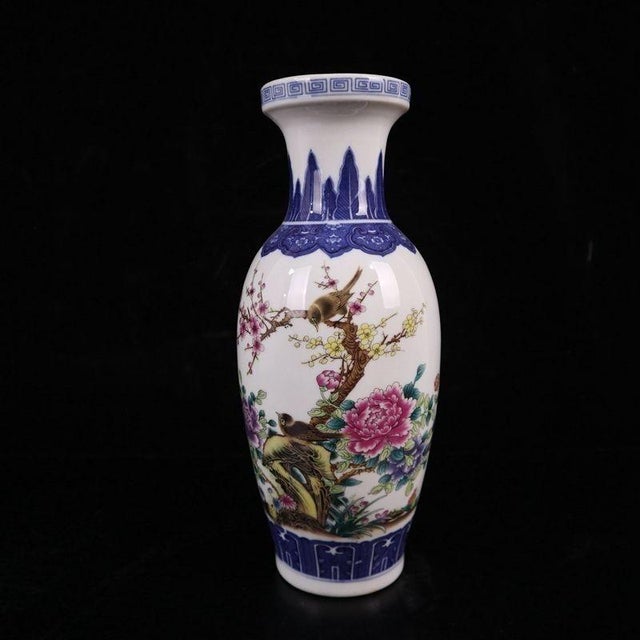 Mid 20th Century Pair of Chinese Porcelain Vases, Famille Rose Bird and Peony Floral Vases For Sale - Image 4 of 9