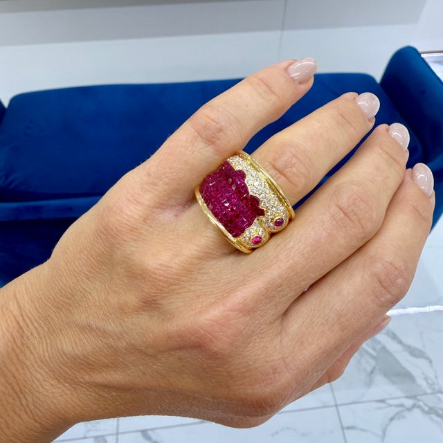 Gold Vintage 18k Yellow Gold 4.16ctw Invisible Set Ruby Diamond Mystery Band Ring, Size 7.75 For Sale - Image 8 of 8