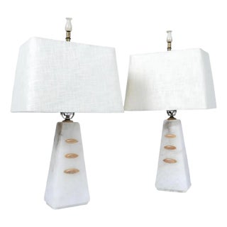 Pair of Alabaster White and Beige Pyramid Modern Art Deco Table Lamps For Sale