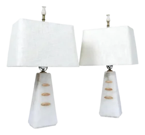 Pair of Alabaster White and Beige Pyramid Modern Art Deco Table Lamps