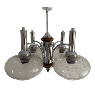 Vintage Space Age Sputnik Chandelier in Chrome-Plated Metal, Wooden Accents and Clear Ribbed Glass Shades by Emi Poljčane, Yugoslav, 1970s For Sale