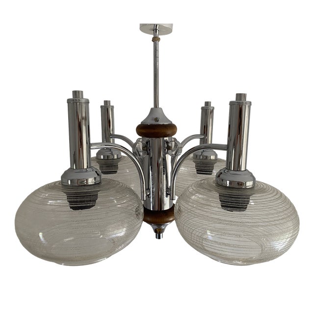 Vintage Space Age Sputnik Chandelier in Chrome-Plated Metal, Wooden Accents and Clear Ribbed Glass Shades by Emi Poljčane, Yugoslav, 1970s For Sale