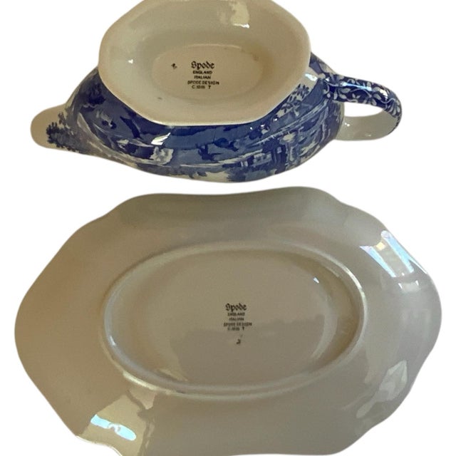 2000 - 2009 Vintage Authentic Spode Blue Italian Gray Boat & Under Plate England For Sale - Image 5 of 8