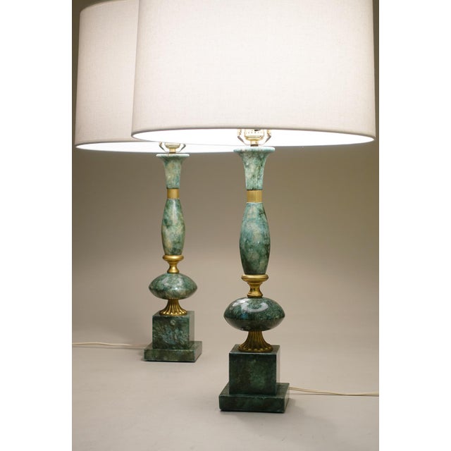 Hollywood Regency Matching Pair Large Neoclassic Hollywood Regency Modern Green Malachite Marble Urn Style Column Table Lamps 1960's Italy For Sale - Image 3 of 12