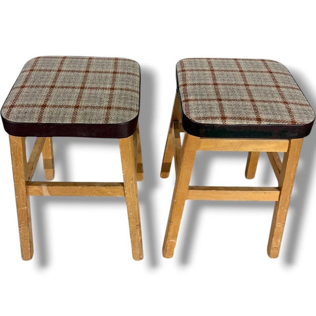Mid-Century Stools in Oak with Tweed Upholstered Seats, Set of 2 For Sale - Image 5 of 9