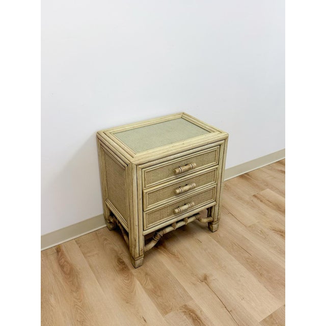 Ficks Reed Mid 20th Century Ficks Reed Style Faux Bamboo Nightstand Beige Coastal Hollywood Regency Bedside Table For Sale - Image 4 of 13