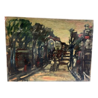 Jean Vinay, City View with People, 1920s-1940s, Painting on Wood For Sale
