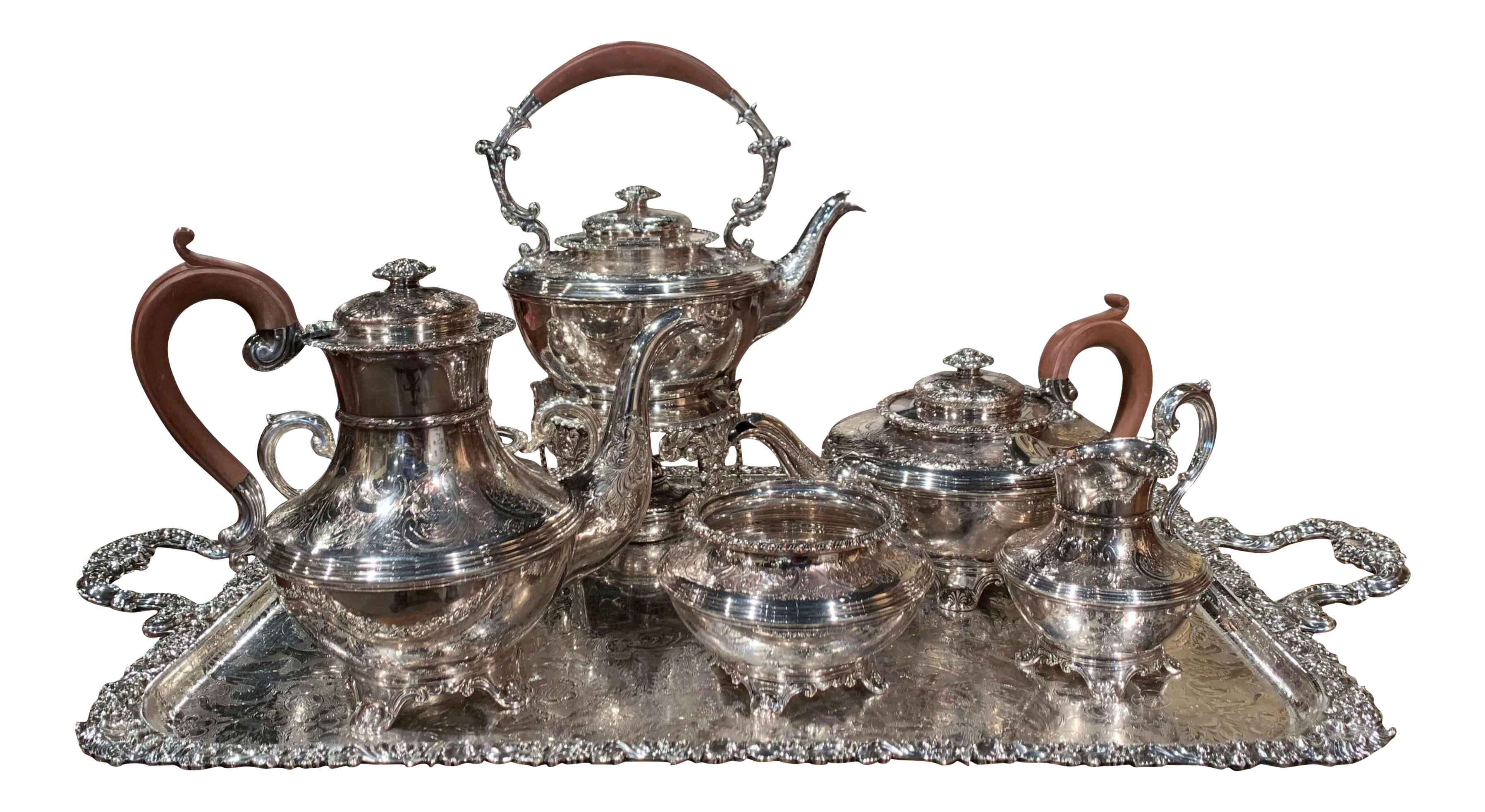 Mid-Century English Copper Silver Plated Tea Set and Tray Stamped