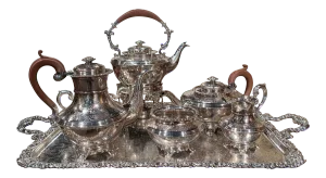 Mid-Century English Copper Silver Plated Tea Set and Tray Stamped Barker Ellis