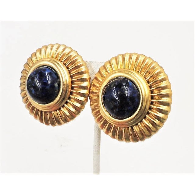 Vintage Pellini Italy Big Cabochon Faux-Lapis Clip Earrings - 2 Pieces For Sale - Image 10 of 11