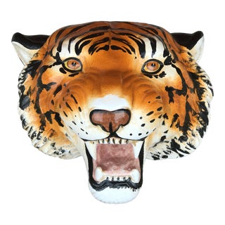 Italian Mid-Century Ceramic Tiger Head Wall Sculpture For Sale