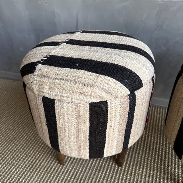 Not Yet Made - Made To Order Pair of Striped Off-white, Black Vintage Turkish Rug Ottomans For Sale - Image 5 of 7