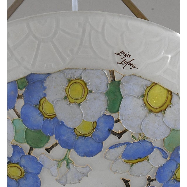 Blue Loys Lucha French Art Deco Pendant Light 1930s - Blue White Floral Enameled Bowl For Sale - Image 8 of 13