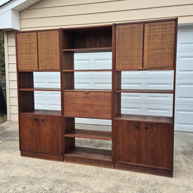 1960s 3-Bay Walnut & Cane Wall Unit Room Divider Bookshelves W/ Drop Down Bar or Desk, Manner of Jack Cartwright for Founders For Sale - Image 10 of 10