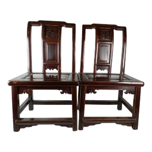 Pair of Chinese Antique Low Lady's Straight Back Chairs With Mahogany Finish