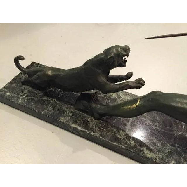 Dark Gray Signed French Art Deco Hunter and Tiger Sculpture For Sale - Image 8 of 10