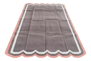 Handmade Cotton Vegetable Dyed Scalloped Edge Rug Brown With Cream and Terracotta Red Border - 8x10