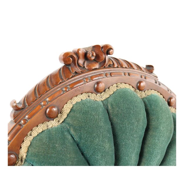 Emerald 19th Century Victorian Mahogany Carved Balloon Back Emerald Velvet Chair on Casters- So Charming! For Sale - Image 8 of 8