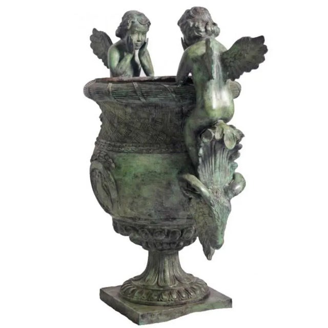 Early 21st Century Classical Style Cast Bronze Verde Patina Urn With Two Cupids and Rams' Heads For Sale - Image 5 of 7